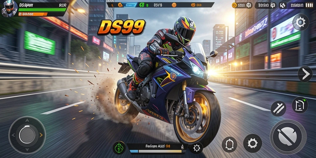 Screenshot gameplay DS99 menampilkan balapan motor yang intens dan seru.