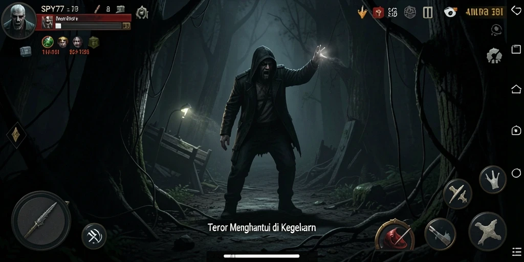 Tampilan utama gameplay SPY77 menampilkan suasana mencekam yang tajam.