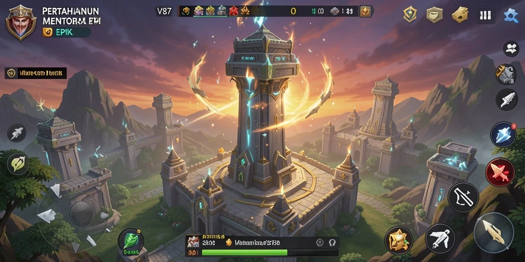 Tangkapan layar V87 menampilkan aksi pertahanan menara yang seru dan strategi cerdas.